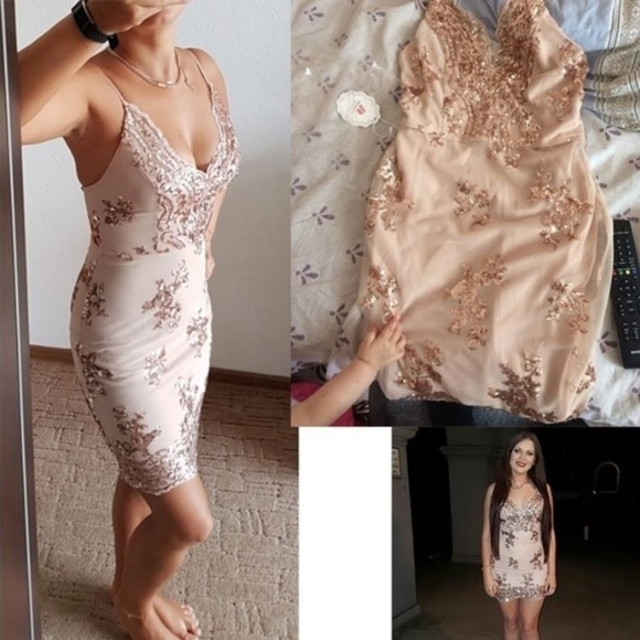Rose Gold V-Neck Lace Mini Dress - Picture 3 of 5